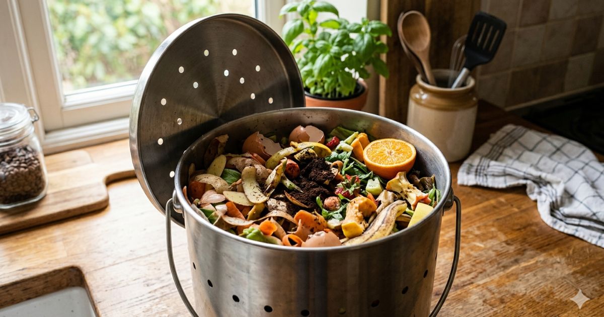 Kitchen compost bin with vegetable peels coffee grounds and fruit scraps for rotting organic waste

