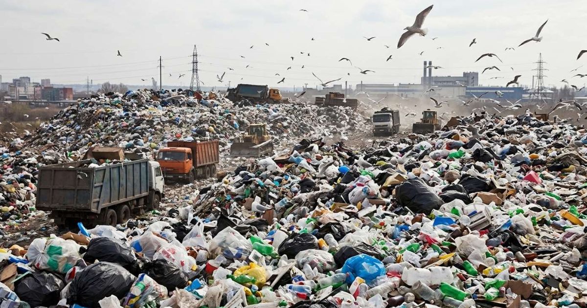 overflowing landfill site with birds and plastic waste environmental pollution