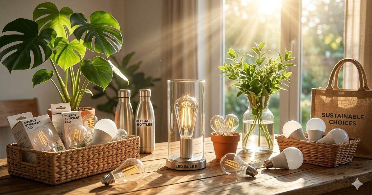 Energy efficient LED bulbs and natural sunlight streaming through a window