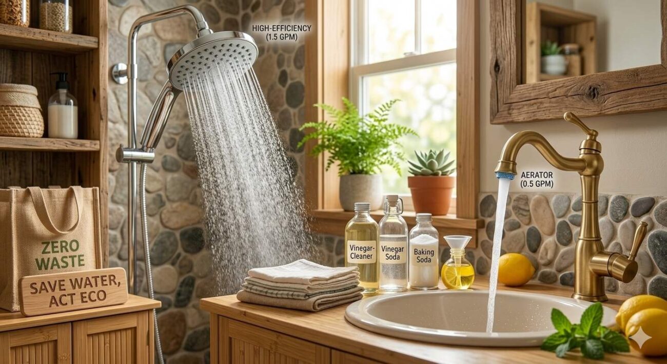 Low flow showerhead and faucet aerator saving water in an eco-friendly bathroom