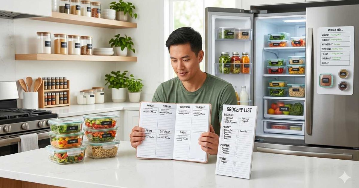 Meal planning with grocery list and organized food containers for reducing kitchen waste