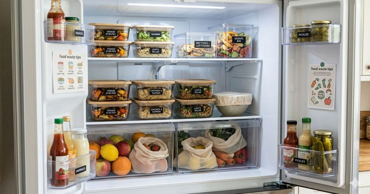 Meal prep containers and organized fridge showing food waste reduction tips