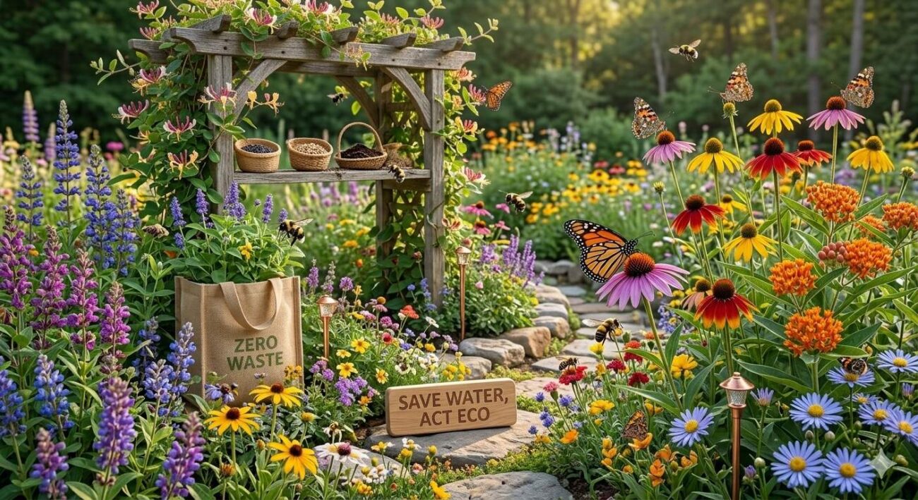 Native pollinator garden with colorful flowers attracting bees and butterflies

