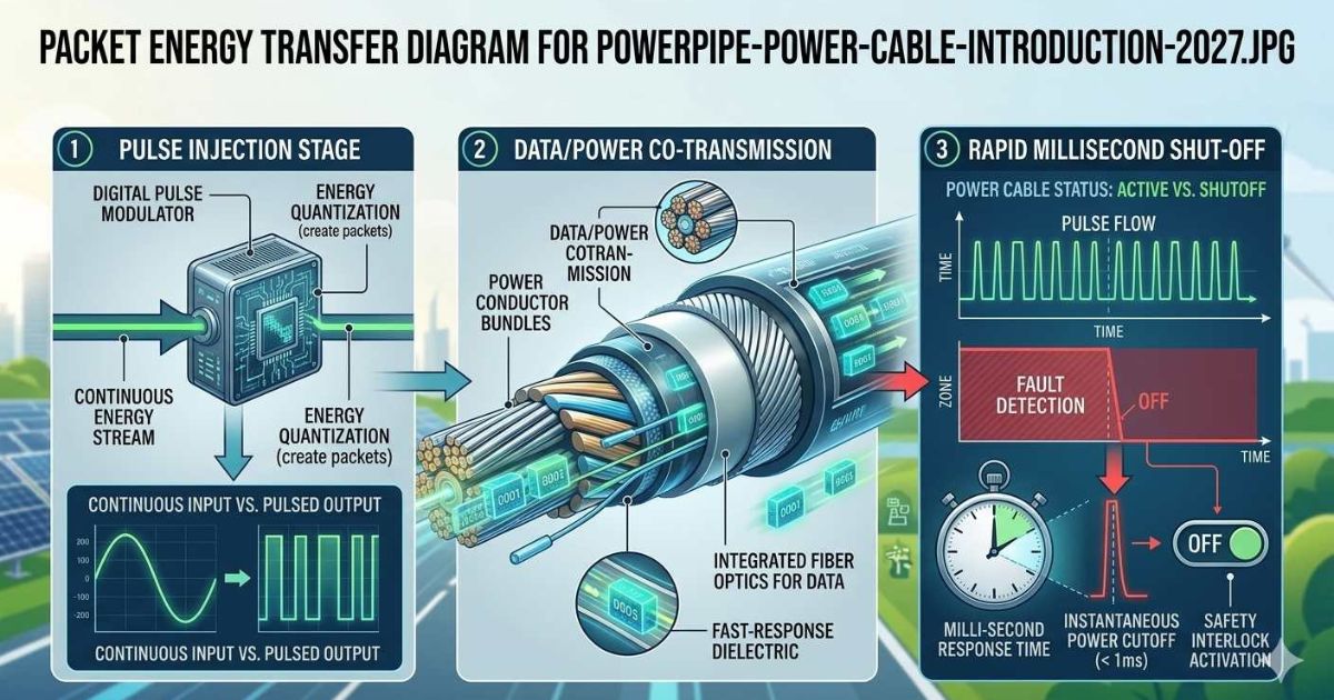 Packet energy transfer diagram showing how PowerPipe power cable sends power in pulses and shuts off in milliseconds