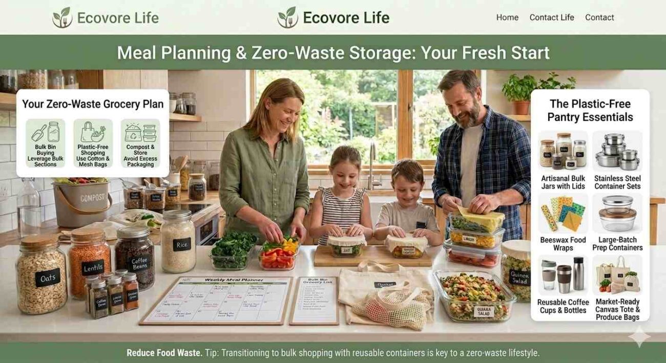 Plastic-free grocery shopping with reusable produce bags and bulk food containers