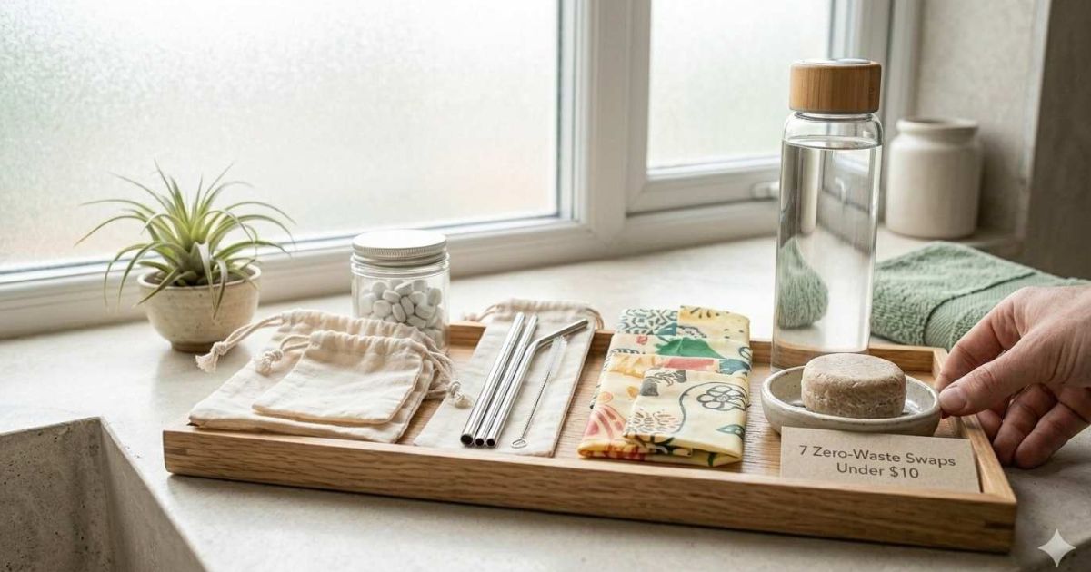Seven plastic swaps under ten dollars including reusable produce bags steel straw beeswax wraps and glass jars

