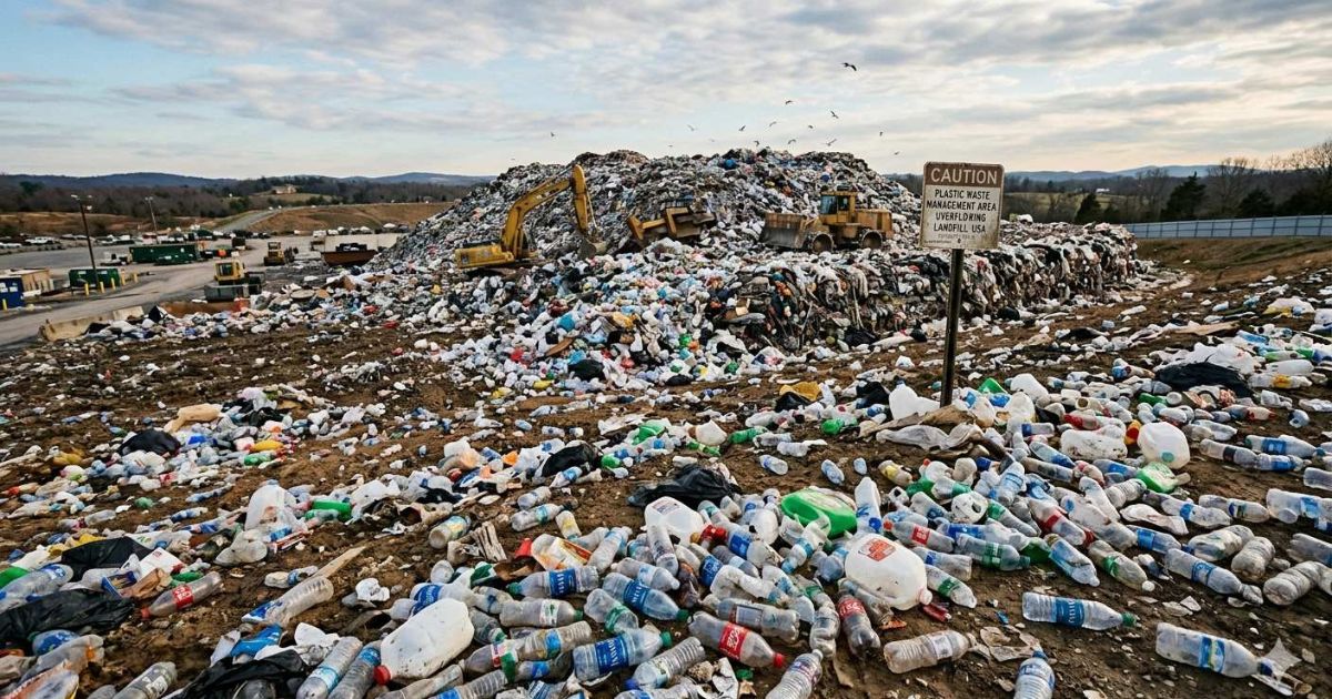 Plastic waste management in USA with overflowing landfill and plastic bottles scattered

