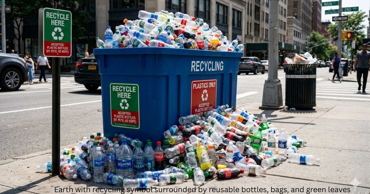  Plastic waste management in USA showing overflowing recycling bin with plastic bottles

