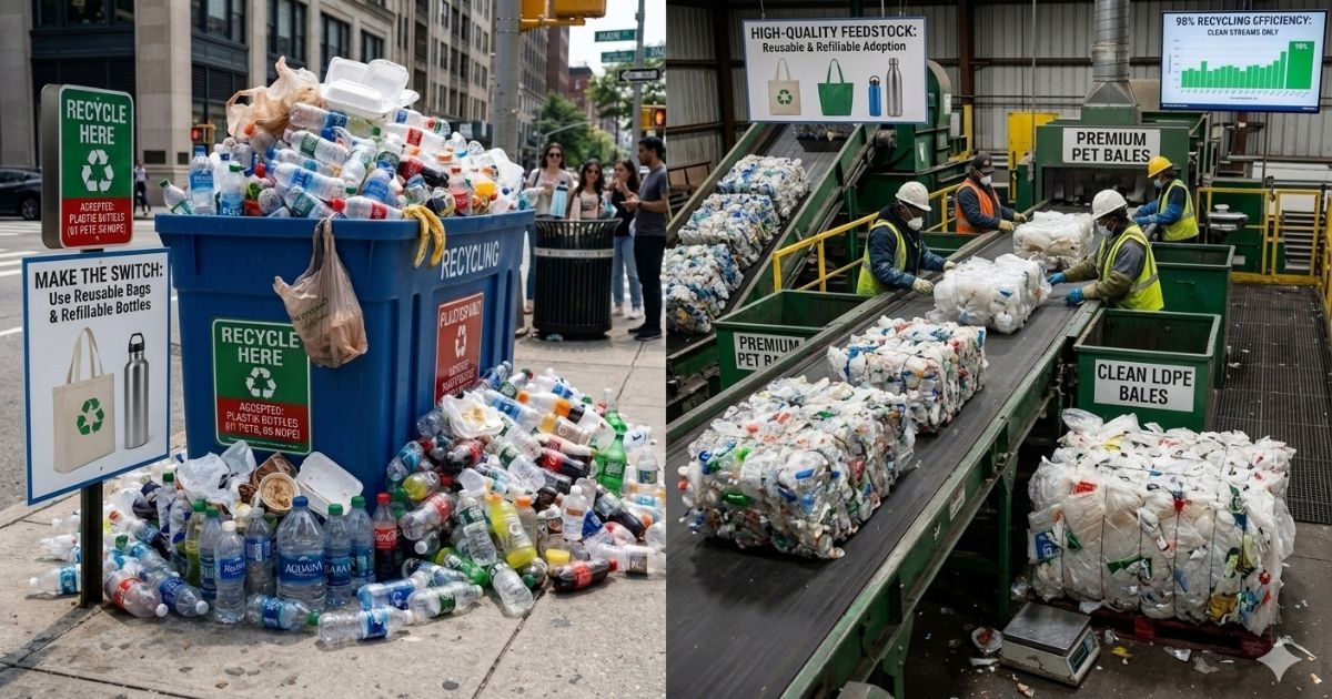 Plastic waste reduction using reusable shopping bag and refillable water bottle