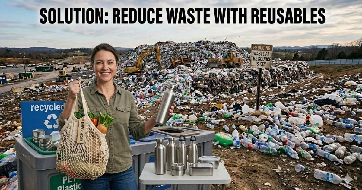 Plastic waste reduction using reusable shopping bag and stainless steel water bottle instead of single-use plastic