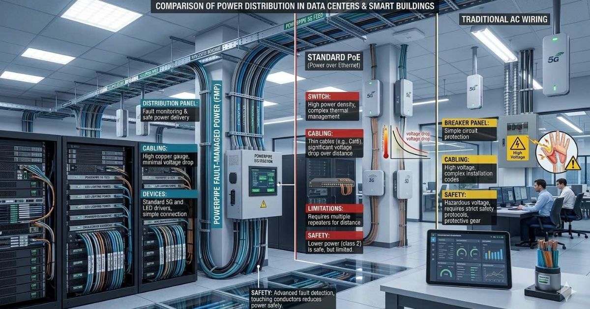 Comparison of PowerPipe vs standard PoE vs traditional AC wiring showing distance power and safety differences