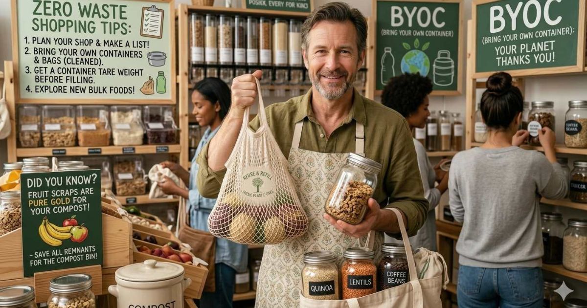  Person bulk shopping with reusable containers and cloth produce bags