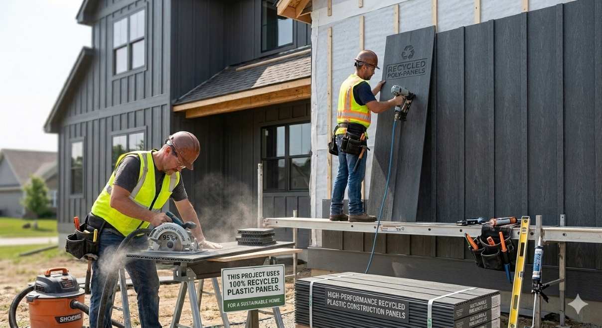 Recycled plastic construction materials used as exterior wall cladding on a modern house