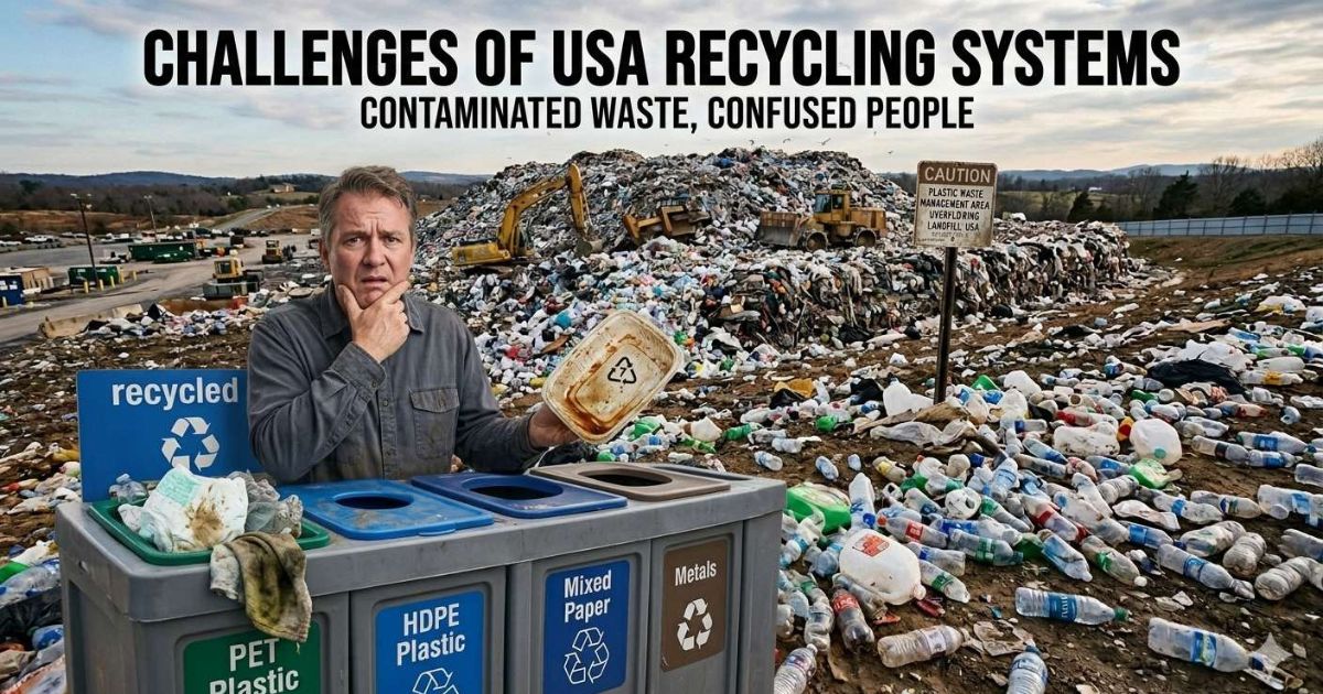 Challenges of recycling systems in USA showing contaminated plastic waste and confused person sorting trash