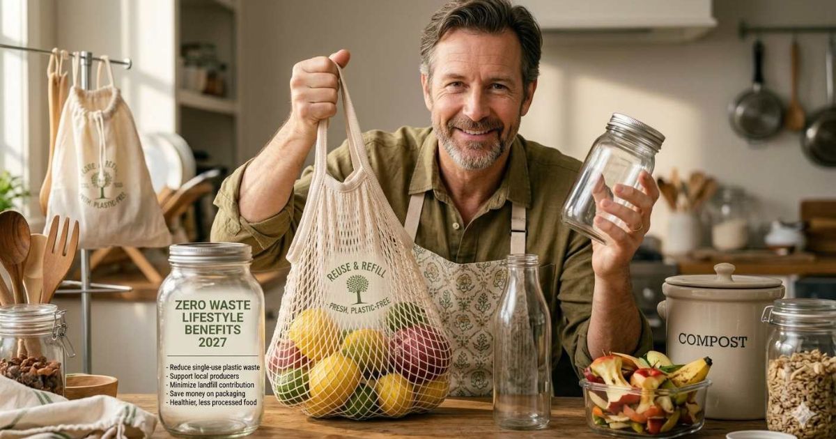 Kitchen zero waste tips with cloth bags, glass jars, and composting fruit scraps

