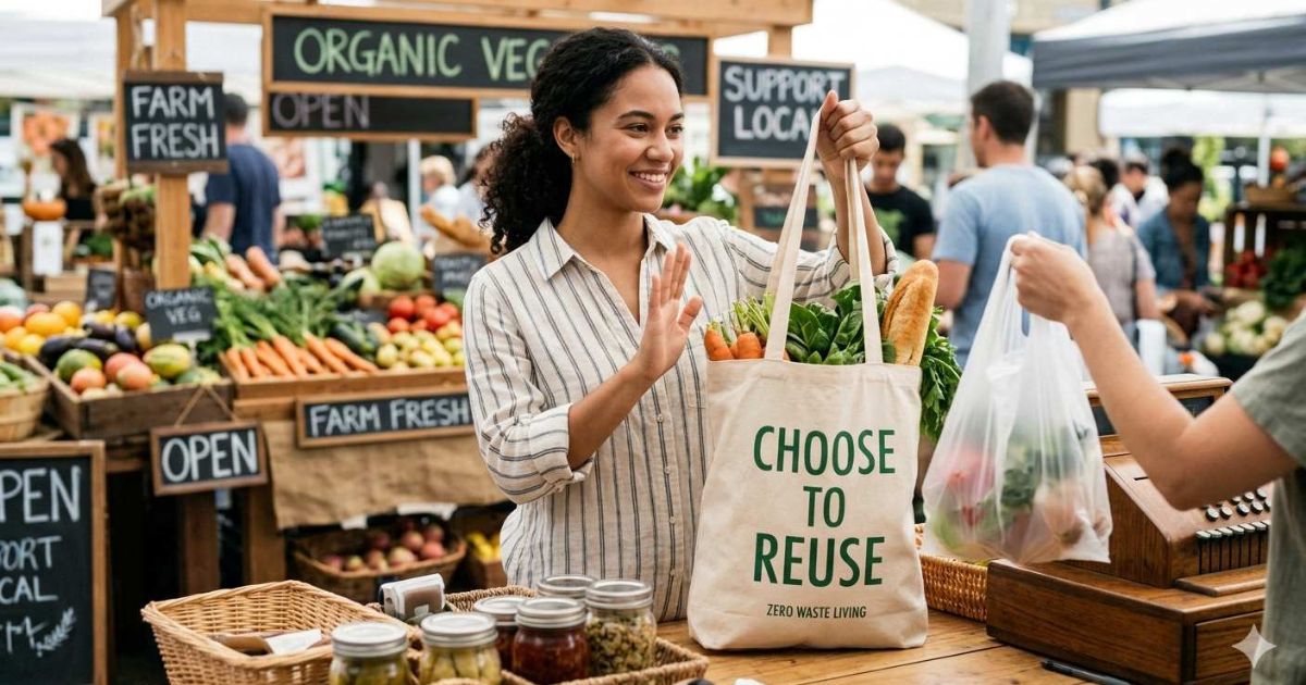 Person refusing plastic bag while holding reusable cloth bag for zero waste living

