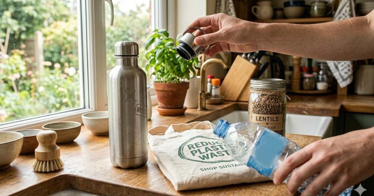 Person holding stainless steel reusable water bottle instead of plastic bottle for reducing plastic waste

