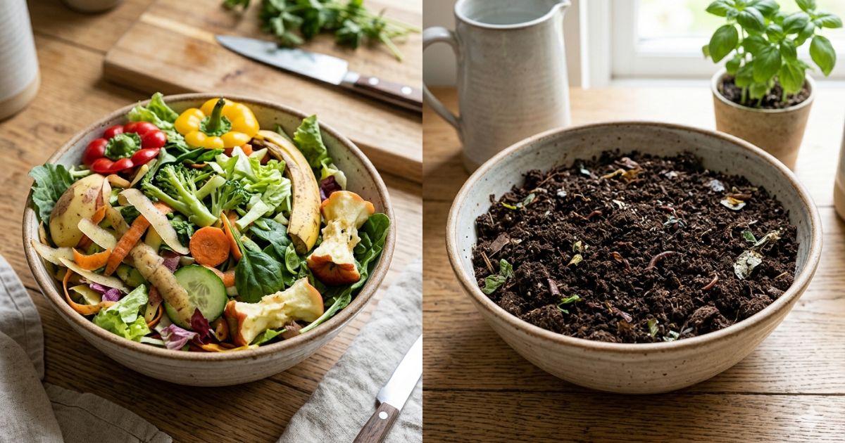 A side-by-side comparison of fresh vegetable kitchen scraps and rich, dark finished organic compost.