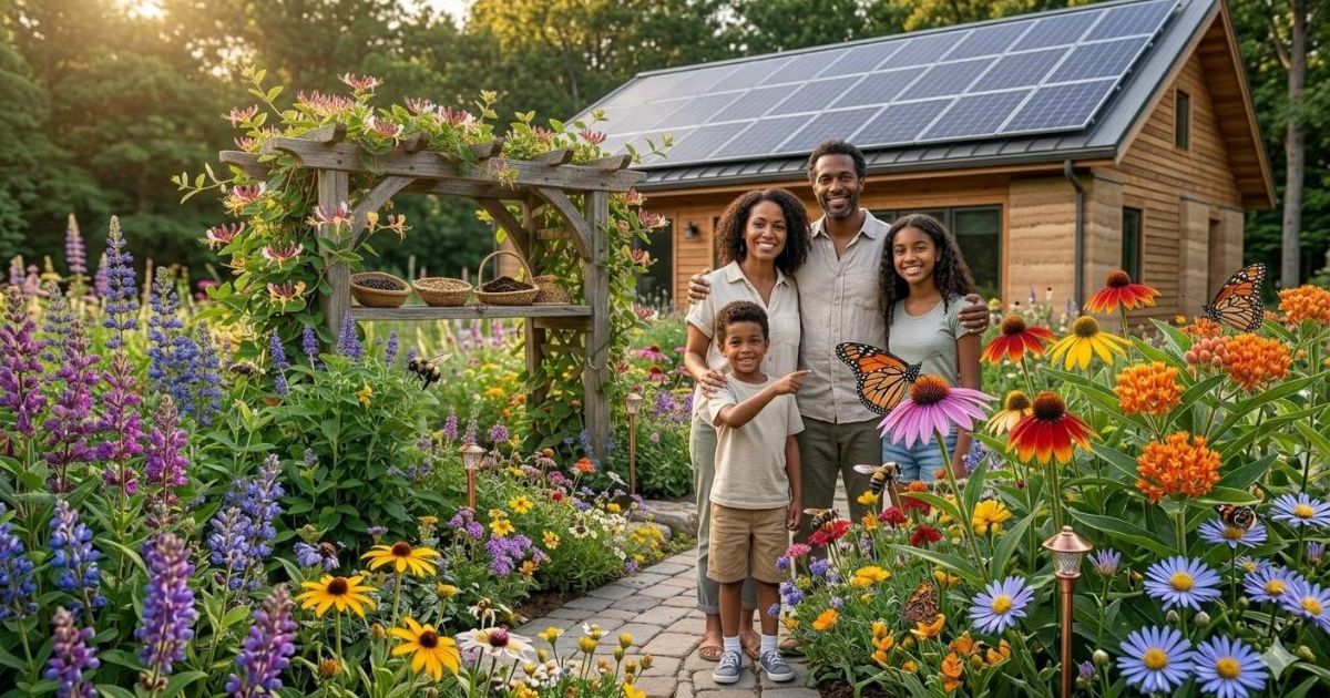Happy family standing in front of their sustainable eco-friendly home with solar panels
