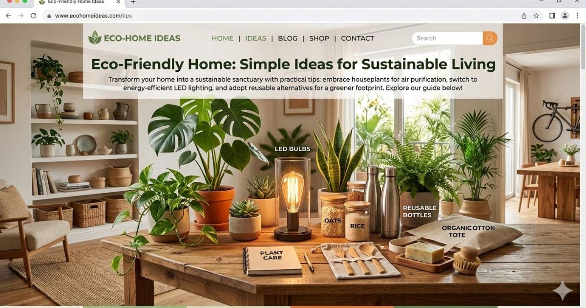 Sustainable home interior with natural light, wooden furniture, and indoor plants