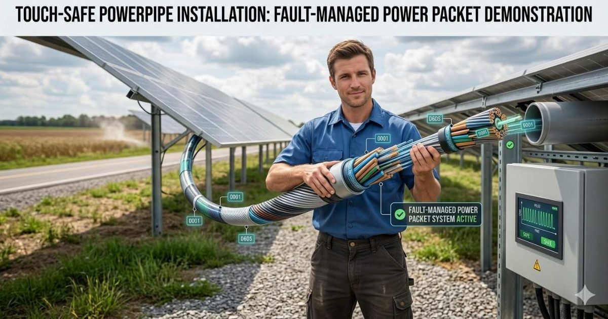 Touch-safe PowerPipe power cable installation with technician holding cable without safety gear demonstrating fault-managed power