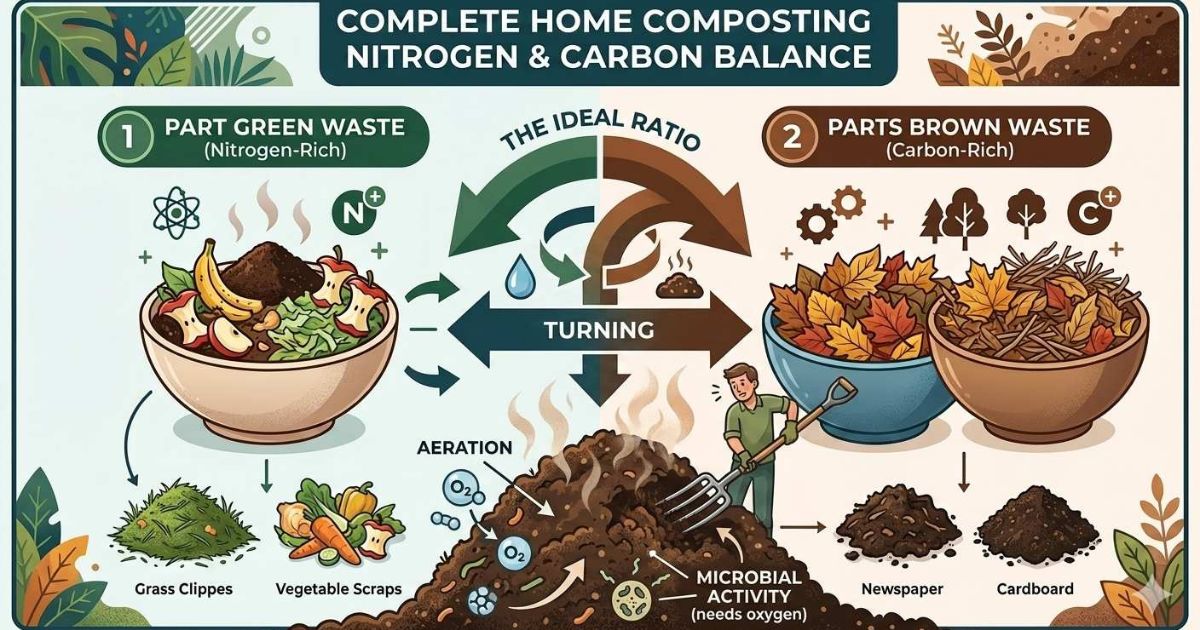 A person using a garden fork to turn and aerate a steaming compost pile to provide oxygen to microbes.
