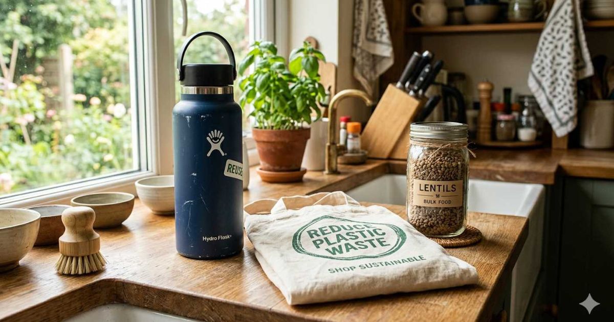 Ways to reduce plastic waste with reusable water bottle cloth shopping bag and glass jar on kitchen counter

