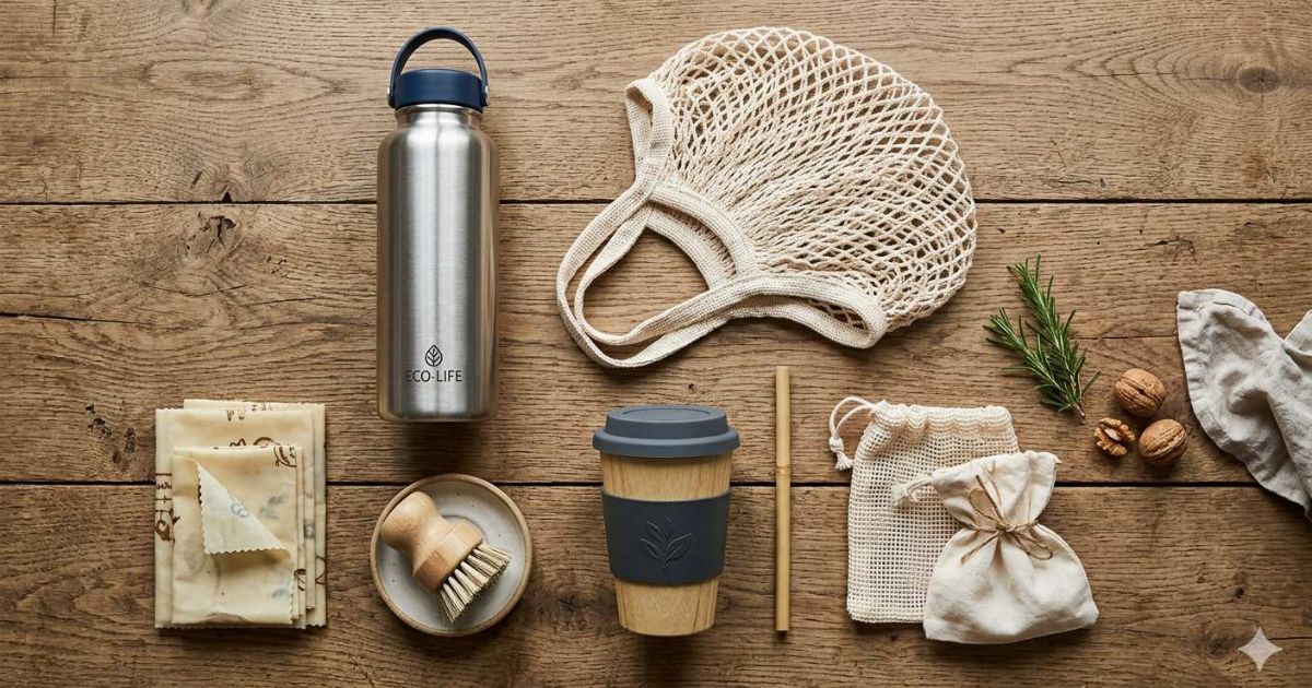 A top-down view of zero-waste essentials including a stainless steel water bottle, a mesh grocery bag, and a reusable bamboo coffee mug on a wooden table