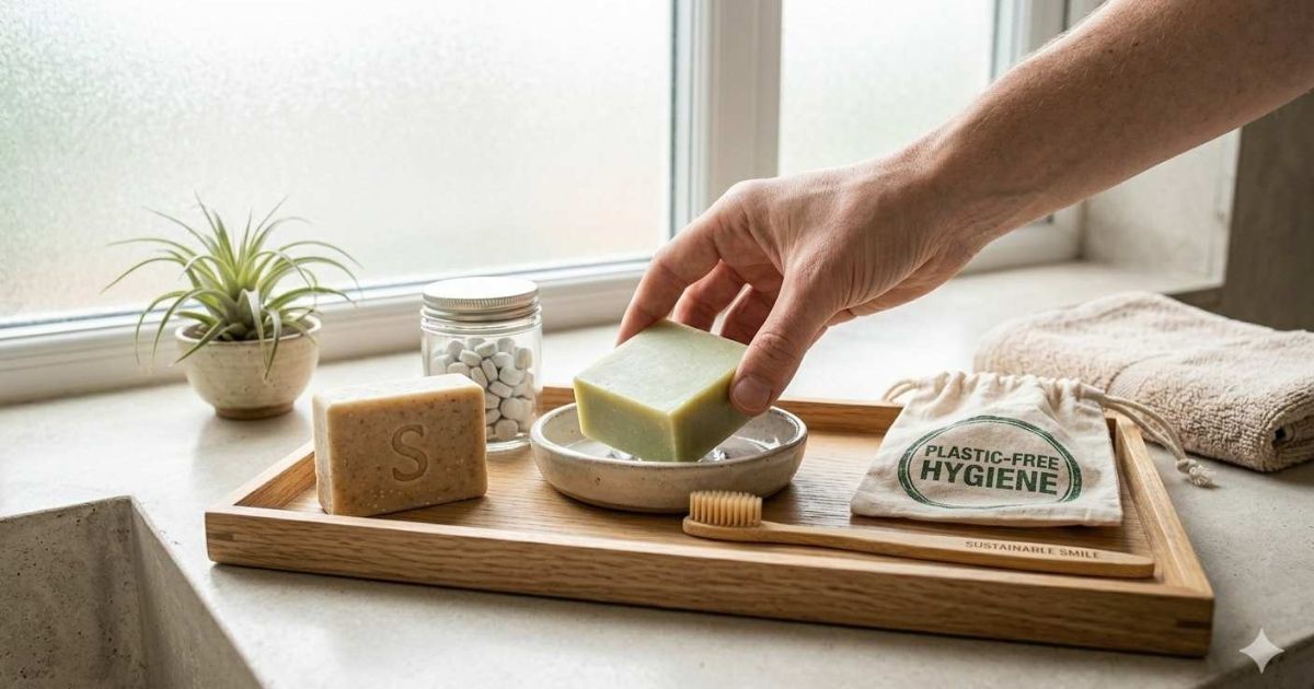 Zero-waste bathroom with bar soap shampoo bar and bamboo toothbrush on wooden tray

