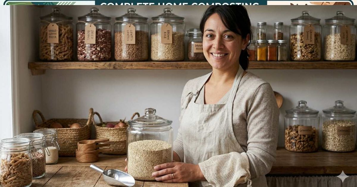A person filling glass mason jars with lentils and grains from bulk dispensers at a sustainable grocery store