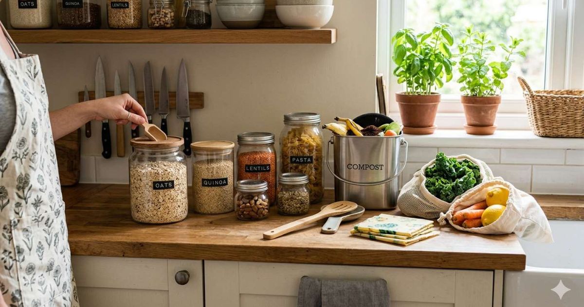  Zero waste kitchen setup with reusable containers and compost bin at home