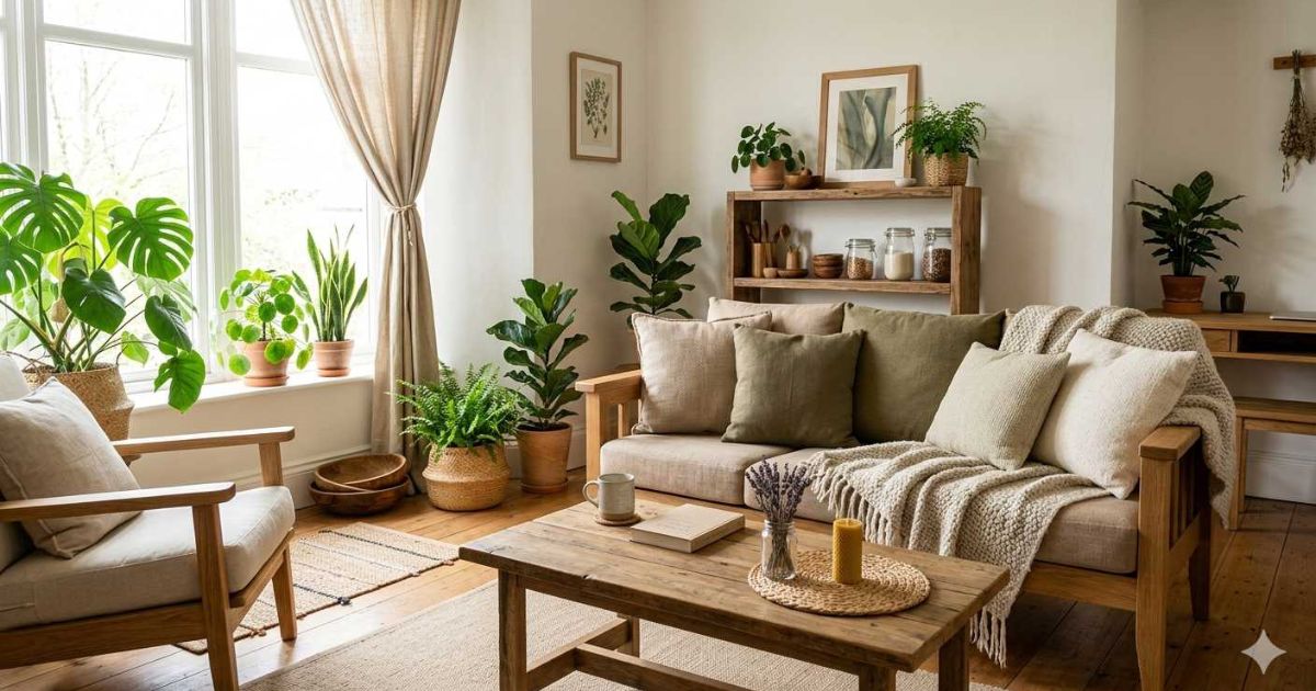 Zero waste living room with wooden furniture cotton cushions indoor plants and natural light sustainable home decor

