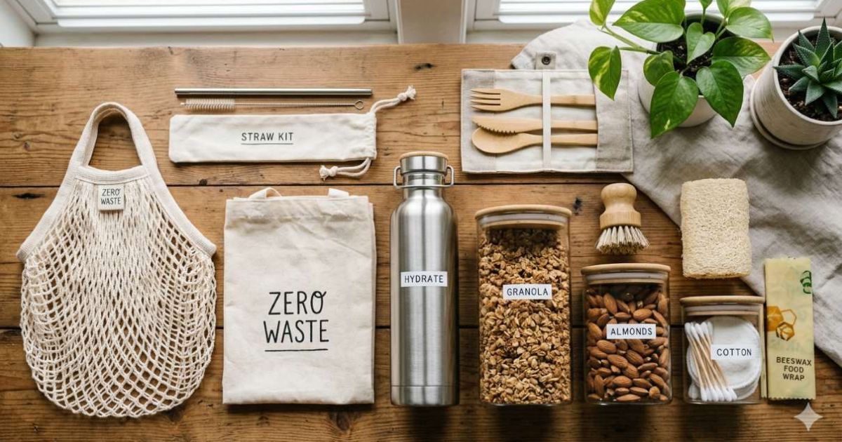 Zero waste starter kit with reusable water bottle cloth bags glass jars and metal straw

