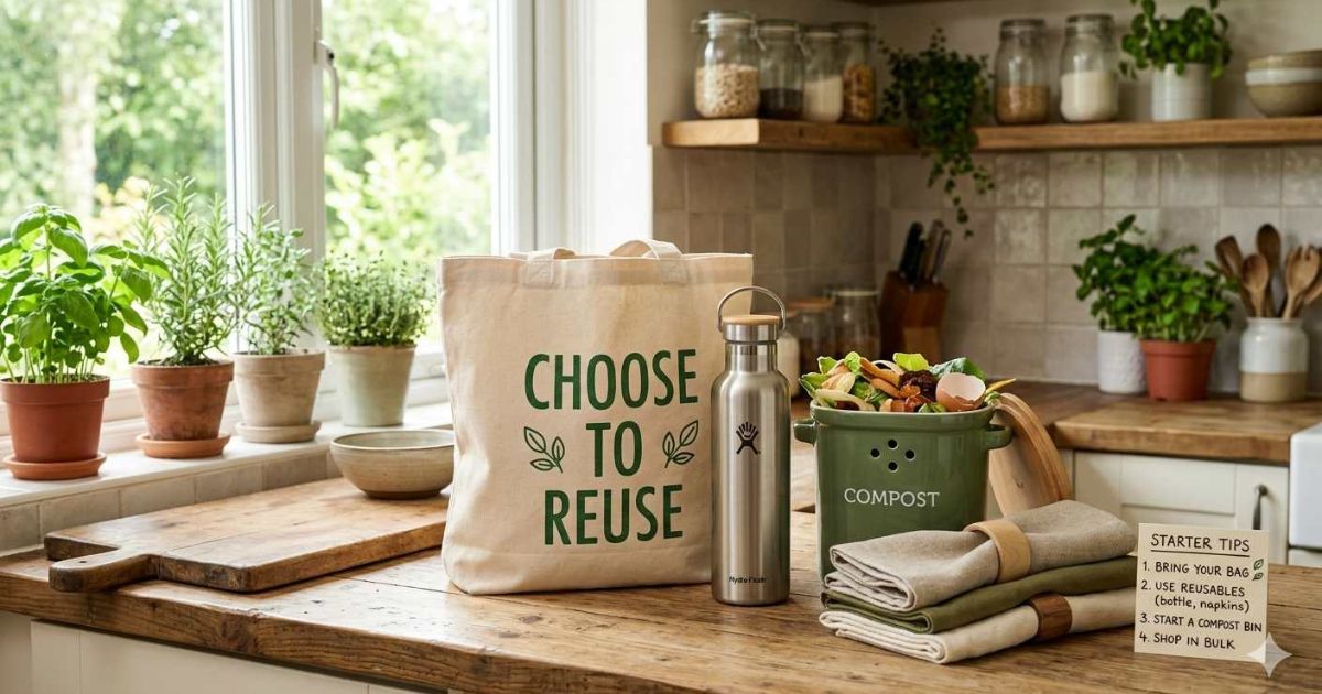 Zero waste starter tips with reusable shopping bag water bottle compost bin and cloth napkins on kitchen counter

