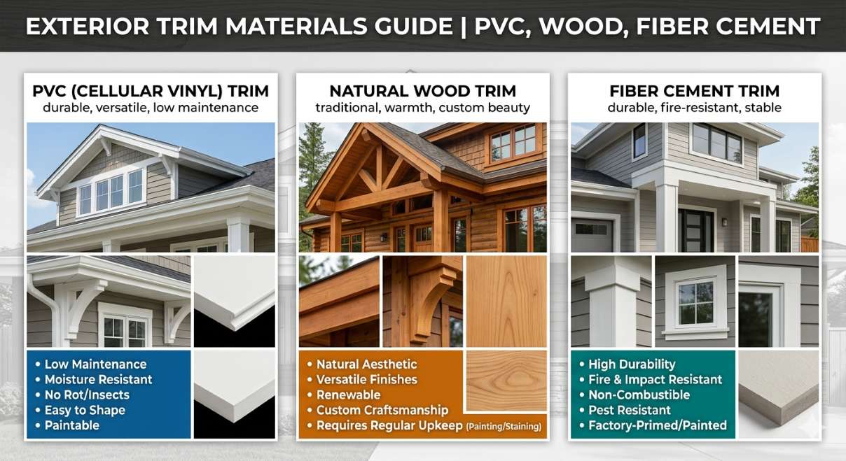 Four exterior trim materials including PVC trim wood trim and fiber cement trim boards for home exterior