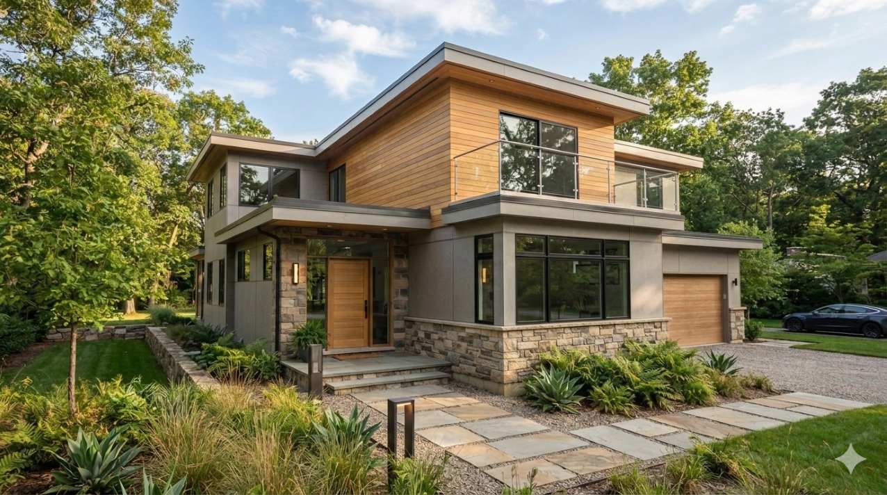 Modern two-story residential home showcasing a combination of premium exterior materials including light fiber cement panels and natural timber accents.