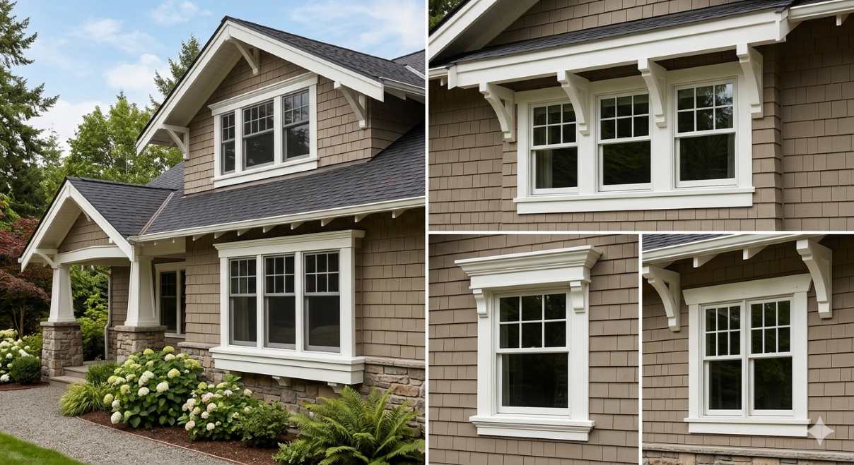 Craftsman style exterior window trim ideas featuring wide flat boards and decorative headboard