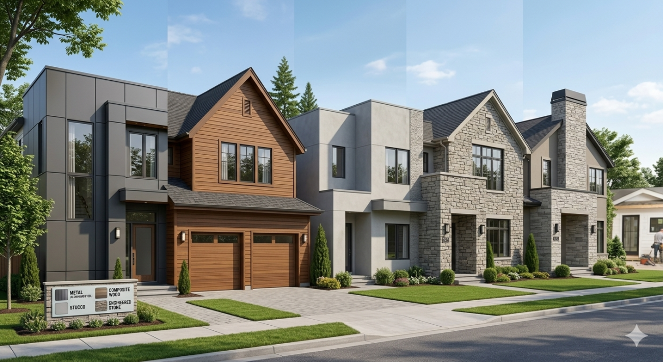 ALT text: Comparison of exterior house materials vinyl siding fiber cement brick veneer wood and natural stone on different home exteriors