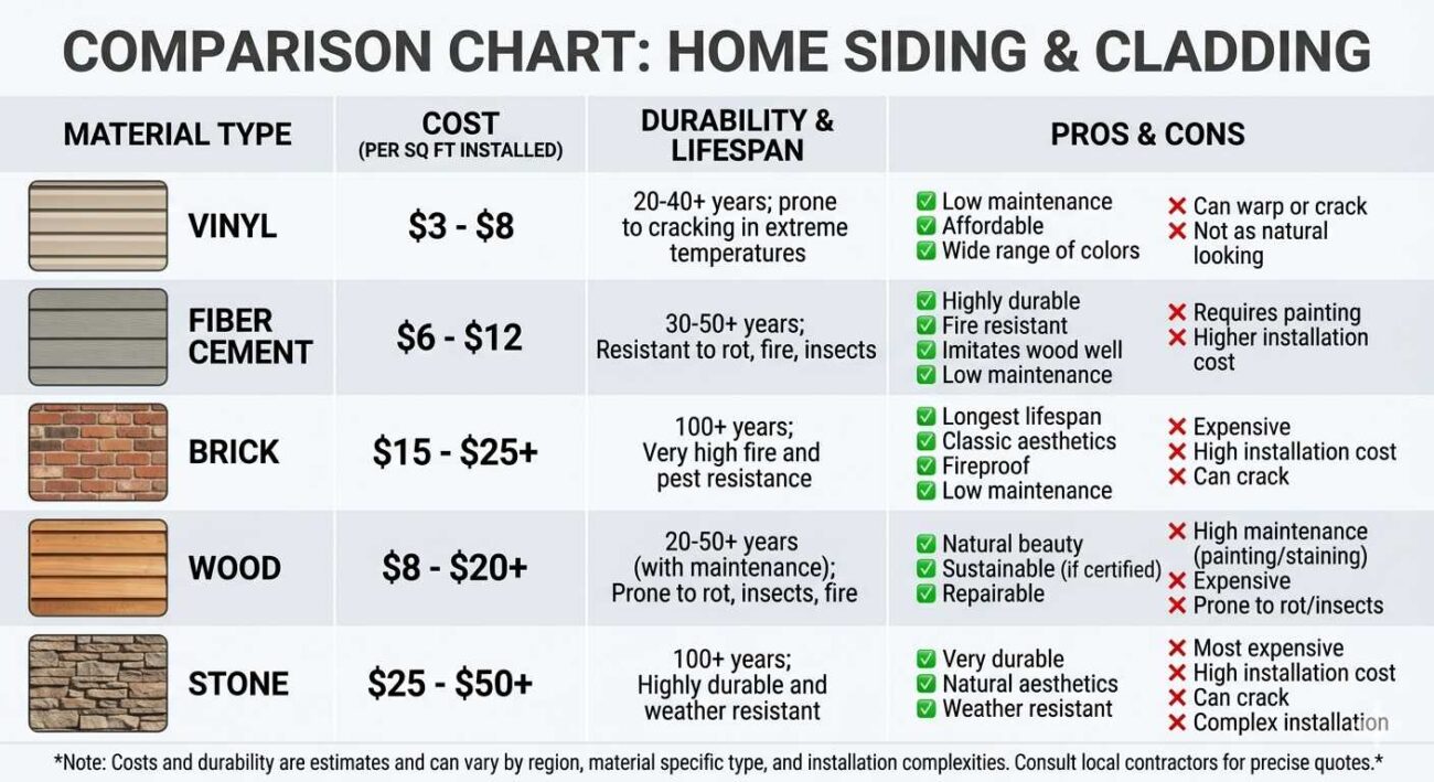 Bar chart comparing exterior house materials by cost per square foot and expected lifespan in years vinyl fiber cement wood brick stone