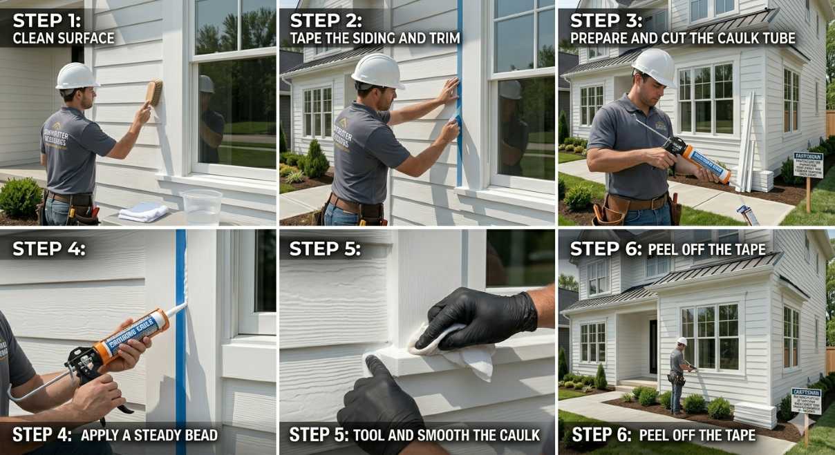Contractor applying caulk to exterior window trim material during professional installation