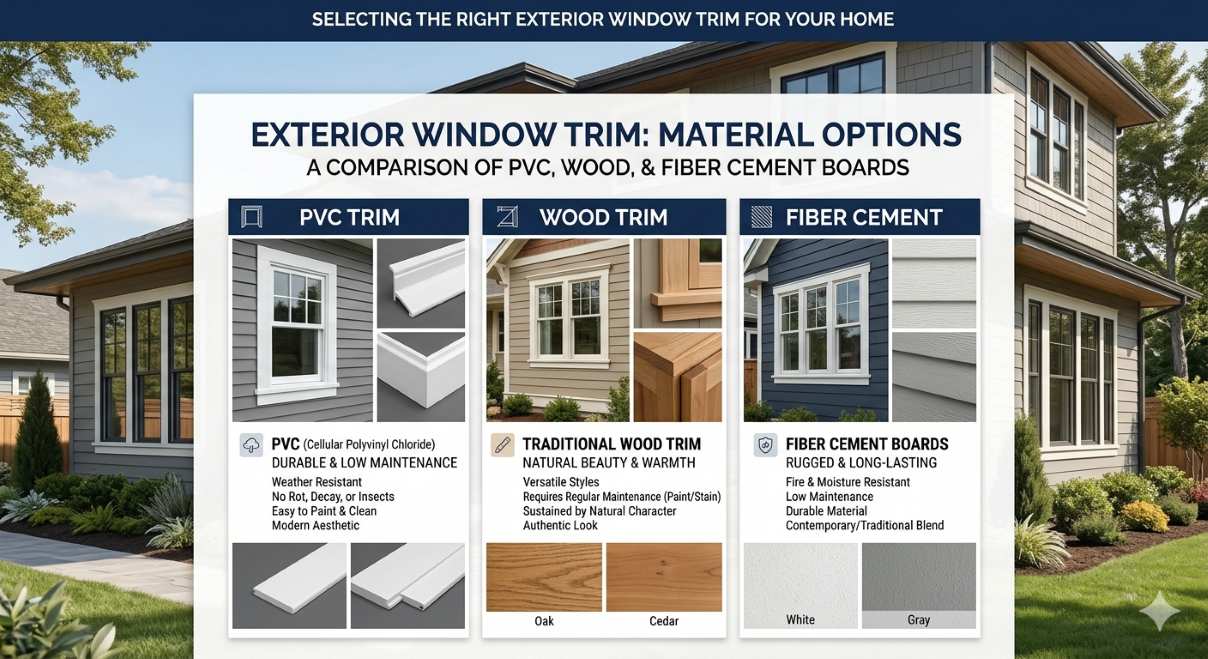 Three exterior window trim material options showing PVC trim wood trim and fiber cement trim boards for home windows