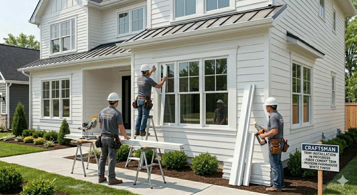 Fiber cement exterior window trim material on a modern farmhouse with clean white finish