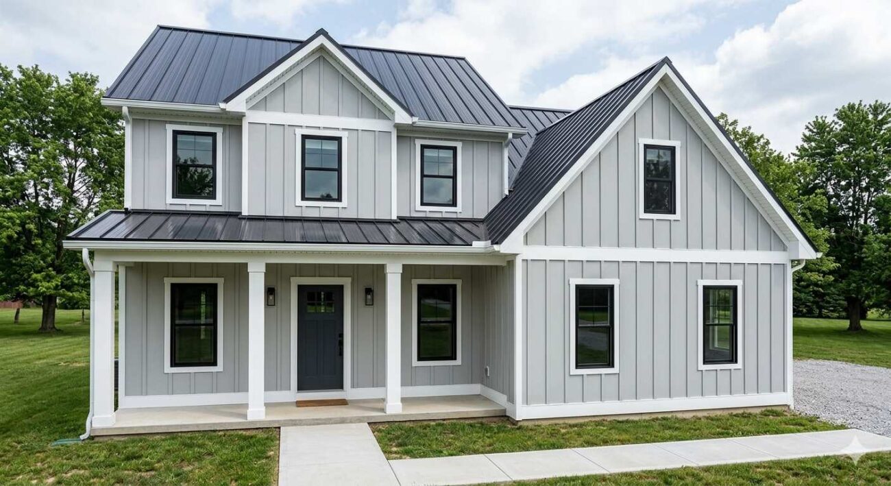 Low maintenance PVC exterior trim materials on a modern farmhouse with clean white finish