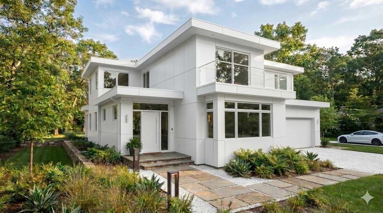 Sleek architectural metal cladding panels on a minimalist contemporary home exterior.