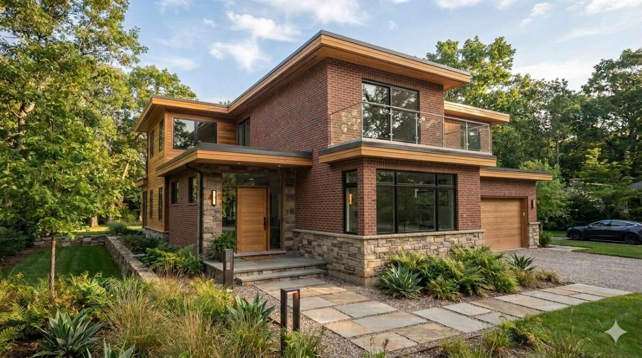 Premium natural wood siding paired with red brick exterior walls on a luxury traditional house.