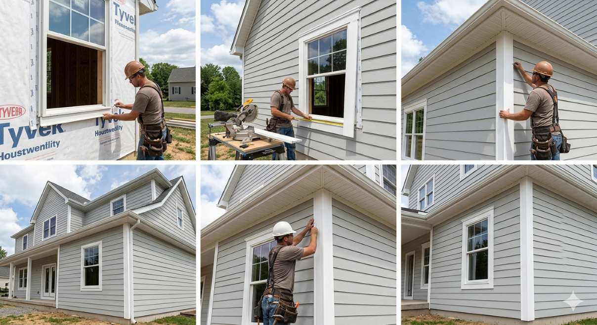 PVC exterior trim materials being installed around windows and corners of a residential home
