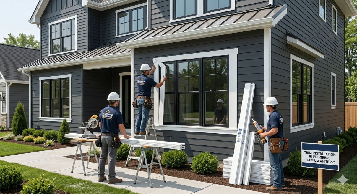 PVC exterior window trim material being installed around a white modern home window