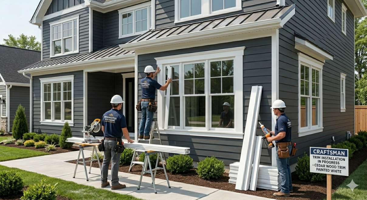 Wood exterior window trim material on a craftsman style home with wide white boards and decorative header
