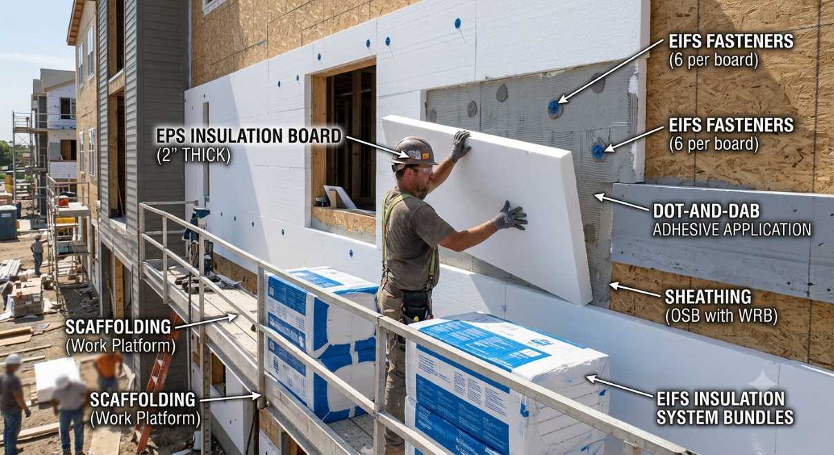 Synthetic stucco (EIFS) insulation board installed before finish coat"