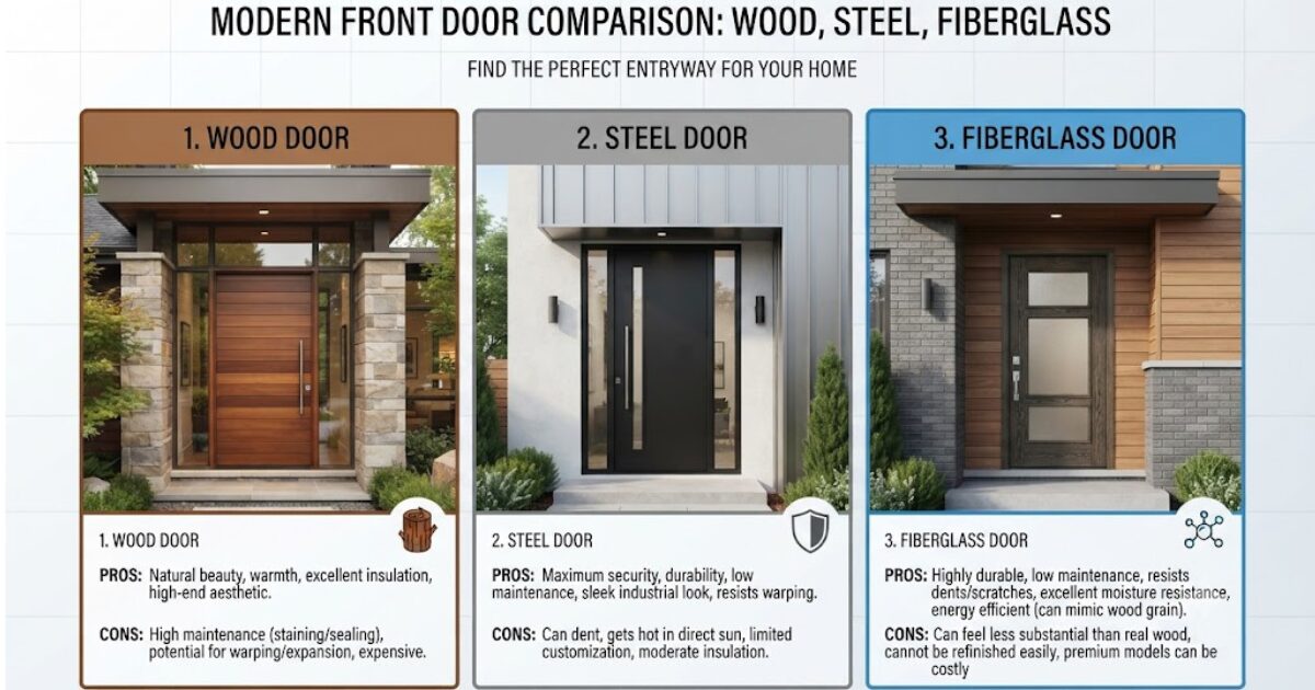 Best exterior door material comparison showing wood, steel, and fiberglass front doors.